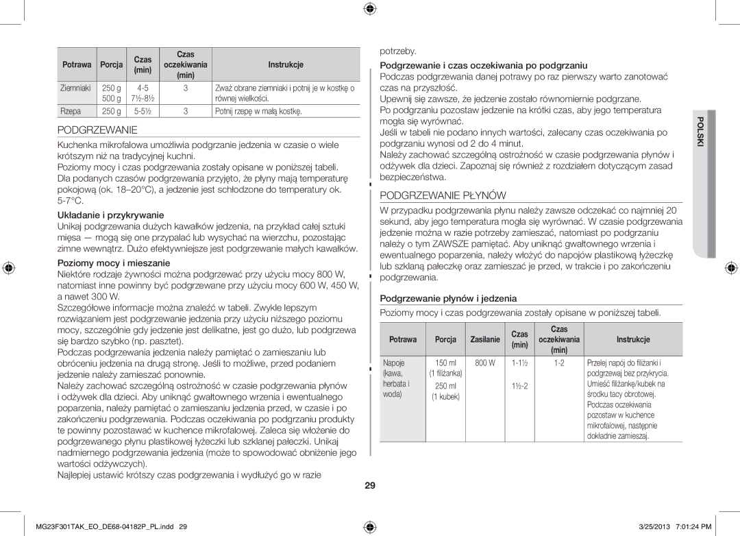 Samsung MG23F301TAK/EG, MG23F301TAK/EO manual Podgrzewanie Płynów, Układanie i przykrywanie 