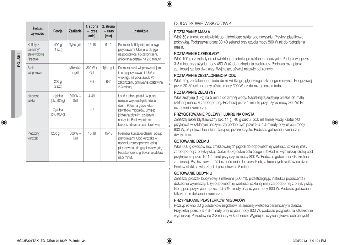 Samsung MG23F301TAK/EO, MG23F301TAK/EG manual Dodatkowe Wskazówki 