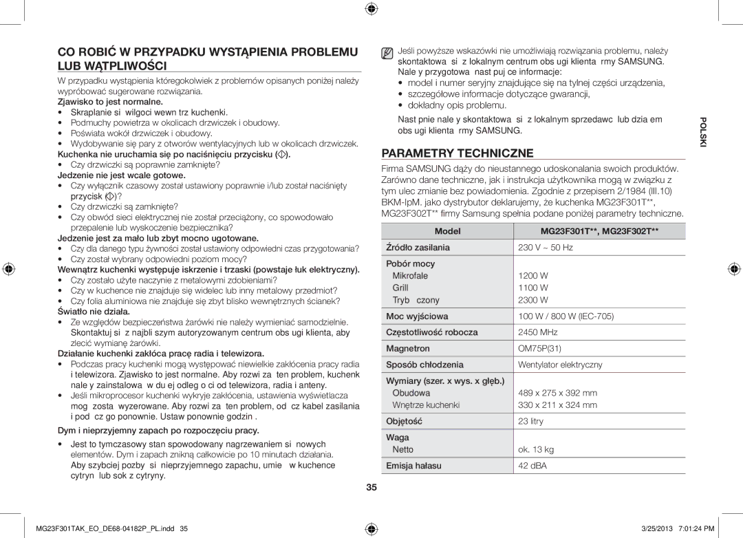 Samsung MG23F301TAK/EG Co robić w przypadku wystąpienia problemu lub wątpliwości, Parametry techniczne, Światło nie działa 