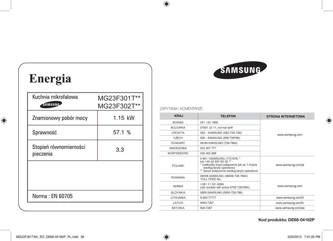 Samsung MG23F301TAK/EO, MG23F301TAK/EG manual MG23F301T MG23F302T, Kod produktu DE68-04182P 