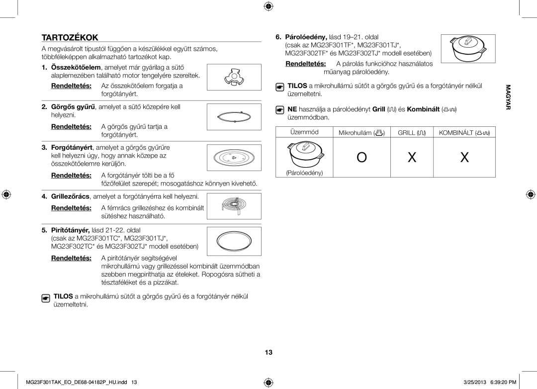 Samsung MG23F301TAK/EG manual Tartozékok, Rendeltetés, Pirítótányér, lásd 21-22. oldal, Üzemmód Mikrohullám, Párolóedény 