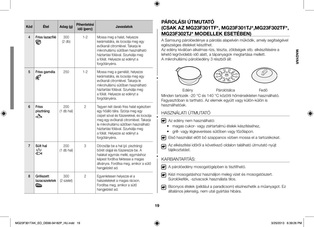 Samsung MG23F301TAK/EG manual Használati Útmutató, Karbantartás, Mikrohullámú párolóedény 3 részből áll Edény Párolótálca 