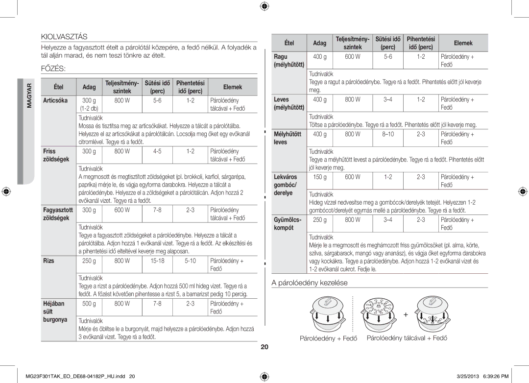 Samsung MG23F301TAK/EO, MG23F301TAK/EG manual Kiolvasztás, Főzés 