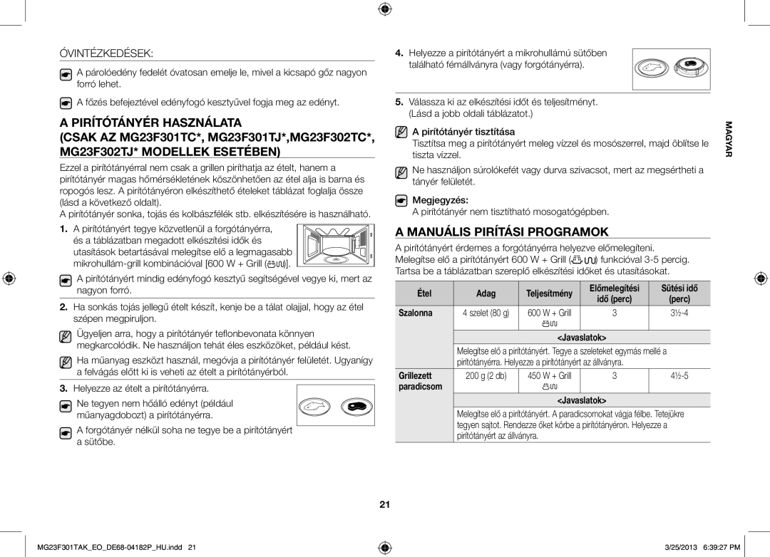 Samsung MG23F301TAK/EG, MG23F301TAK/EO manual Manuális pirítási programok, Óvintézkedések 