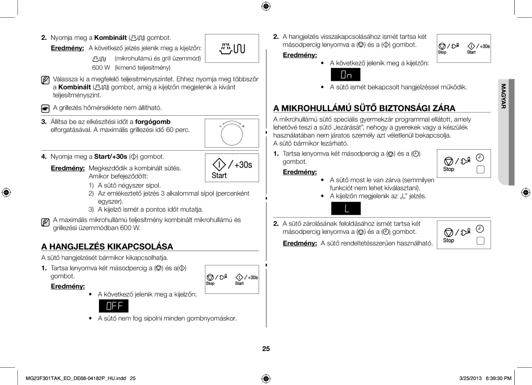 Samsung MG23F301TAK/EG, MG23F301TAK/EO manual Hangjelzés kikapcsolása, Mikrohullámú sütő biztonsági zára 