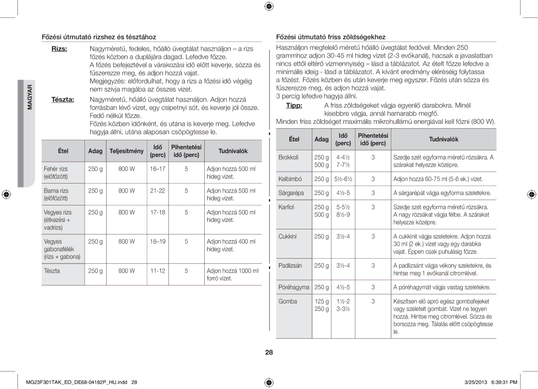 Samsung MG23F301TAK/EO, MG23F301TAK/EG manual Étel Adag Idő 