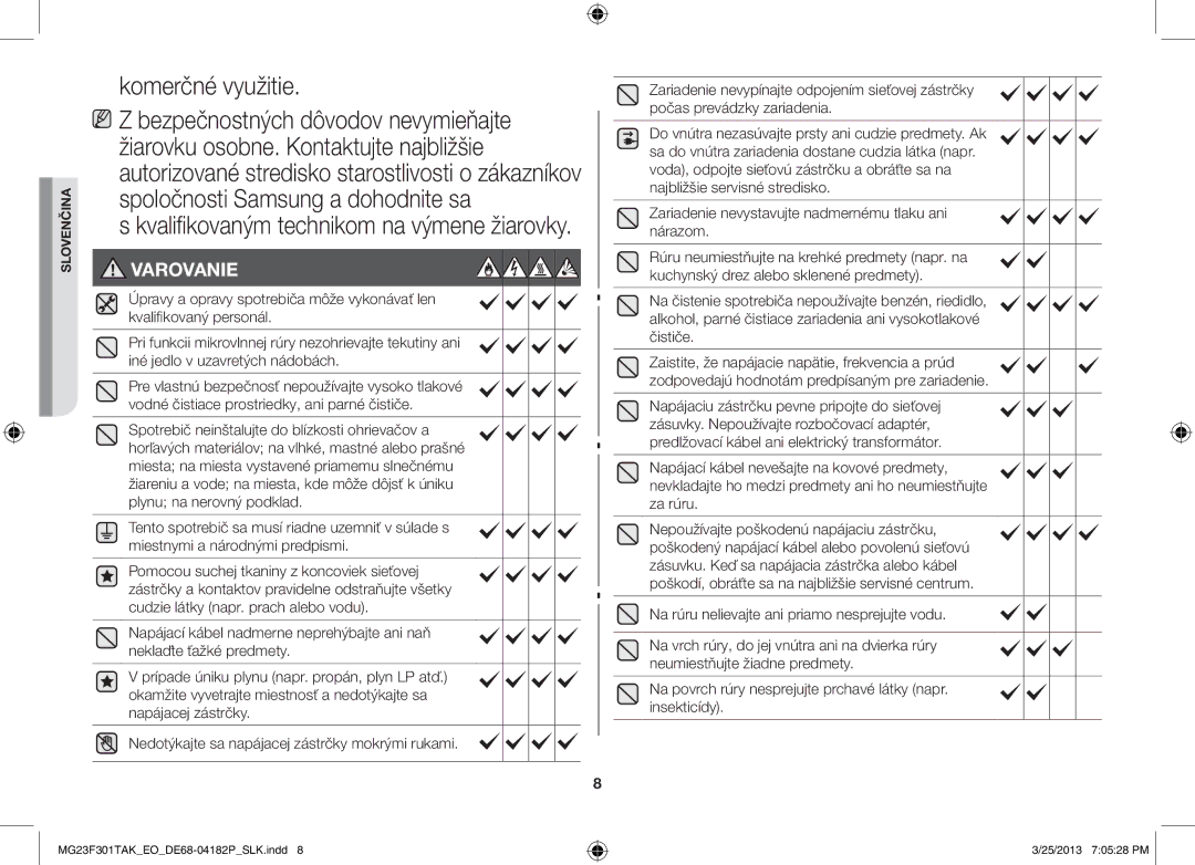 Samsung MG23F301TAK/EO Komerčné využitie Bezpečnostných dôvodov nevymieňajte, Kvalifikovaným technikom na výmene žiarovky 