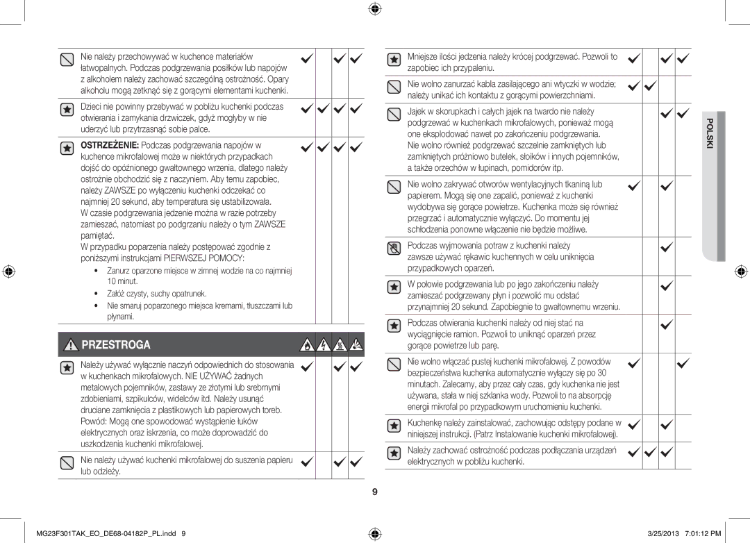 Samsung MG23F301TAK/EG, MG23F301TAK/EO manual Przestroga 