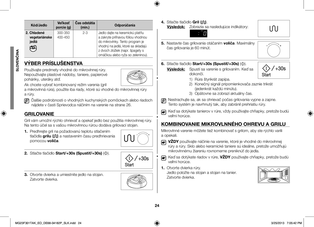 Samsung MG23F301TAK/EO Výber príslušenstva, Grilovanie, Kombinovanie mikrovlnného ohrevu a grilu, Kód/Jedlo Veľkosť, Jedlá 