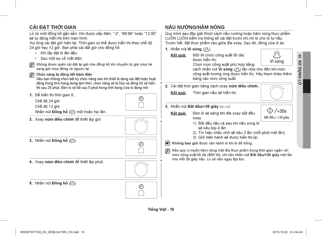 Samsung MG23F301TAS/SV manual CÀI ĐẶT Thời Gian, NẤU NƯỚNG/HÂM Nóng, Chức năng tự động tiết kiệm điện 