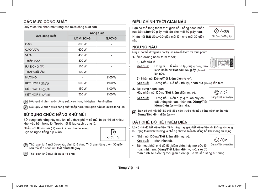 Samsung MG23F301TAS/SV manual CÁC MỨC Công Suất, SỬ Dụng Chức Năng KHỬ MÙI, Điều Chỉnh Thời Gian NẤU, Ngừng NẤU 