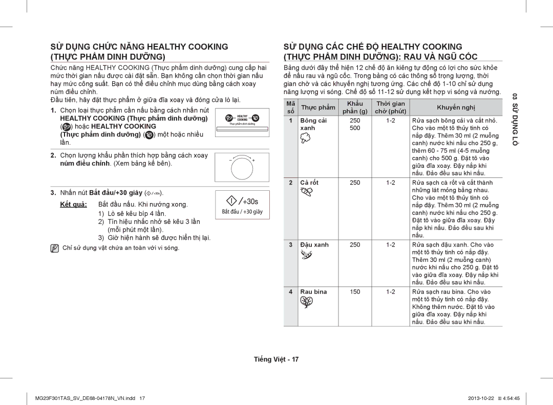 Samsung MG23F301TAS/SV manual SỬ Dụng Chức Năng Healthy Cooking Thực Phẩm Dinh Dưỡng, Xanh, Cà rốt, Đậu xanh, Rau bina 