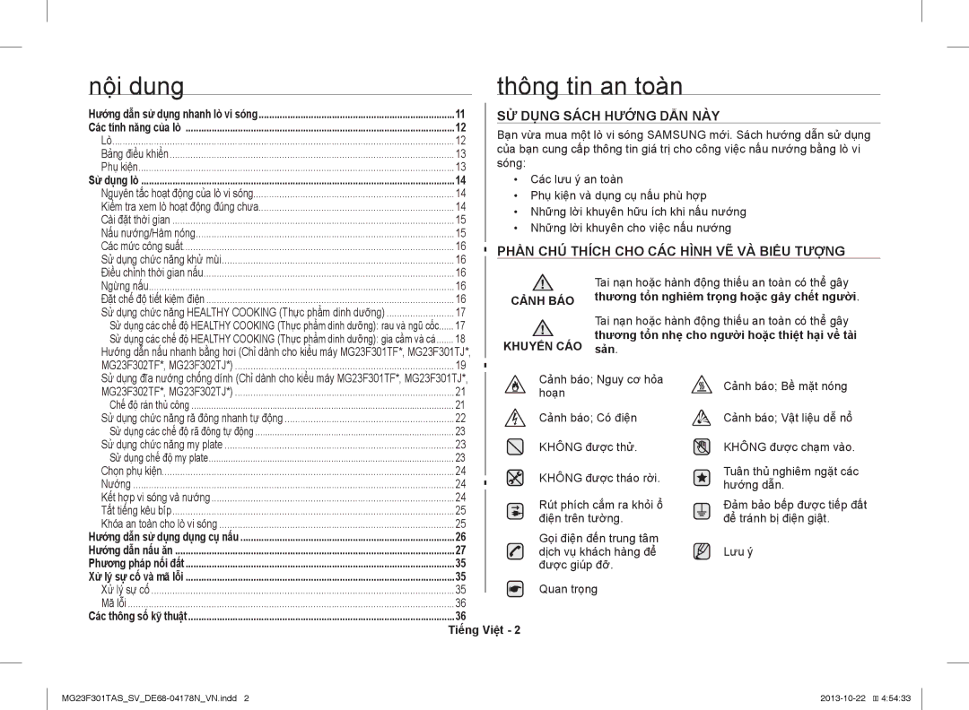 Samsung MG23F301TAS/SV manual Nội dung Thông tin an toàn 