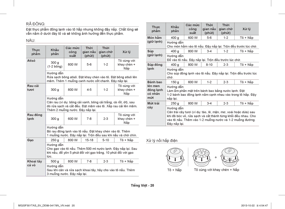 Samsung MG23F301TAS/SV manual RÃ Đông, Nấu, Tô + Nắp Tô cùng với khay chèn + Nắp 