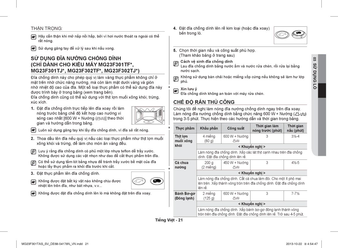 Samsung MG23F301TAS/SV SỬ Dụng ĐĨA Nướng Chống Dính, CHỈ Dành CHO Kiểu MÁY MG23F301TF, CHẾ ĐỘ RÁN THỦ Công, Thận Trọng 