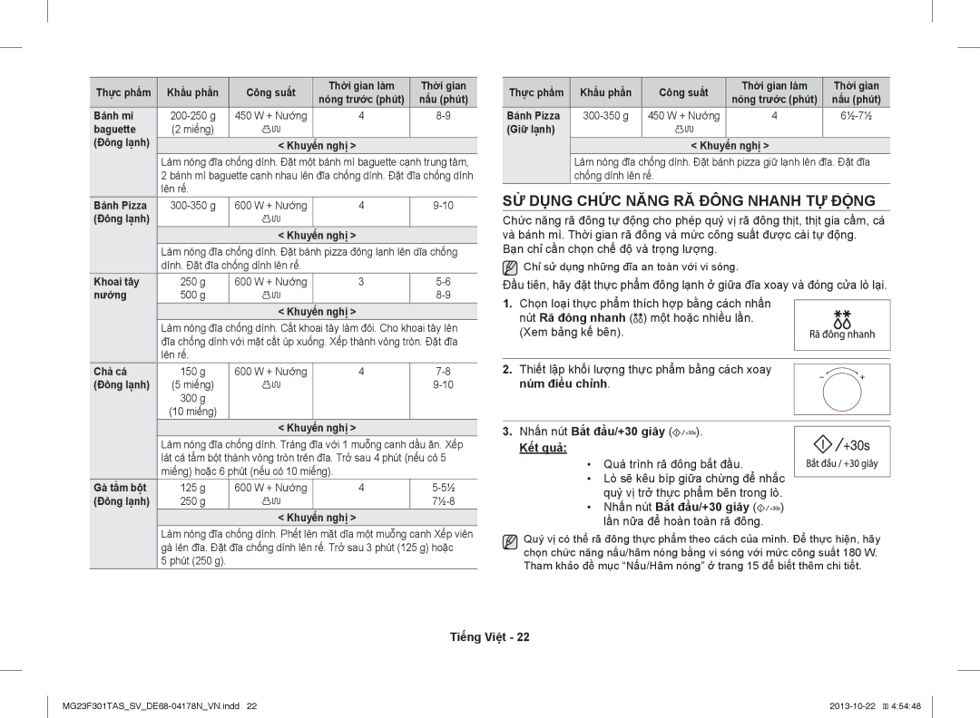 Samsung MG23F301TAS/SV manual SỬ Dụng Chức Năng RĂ Đông Nhanh TỰ Động, Nút Ră đông nhanh, Núm điều chỉnh, Kết quả 