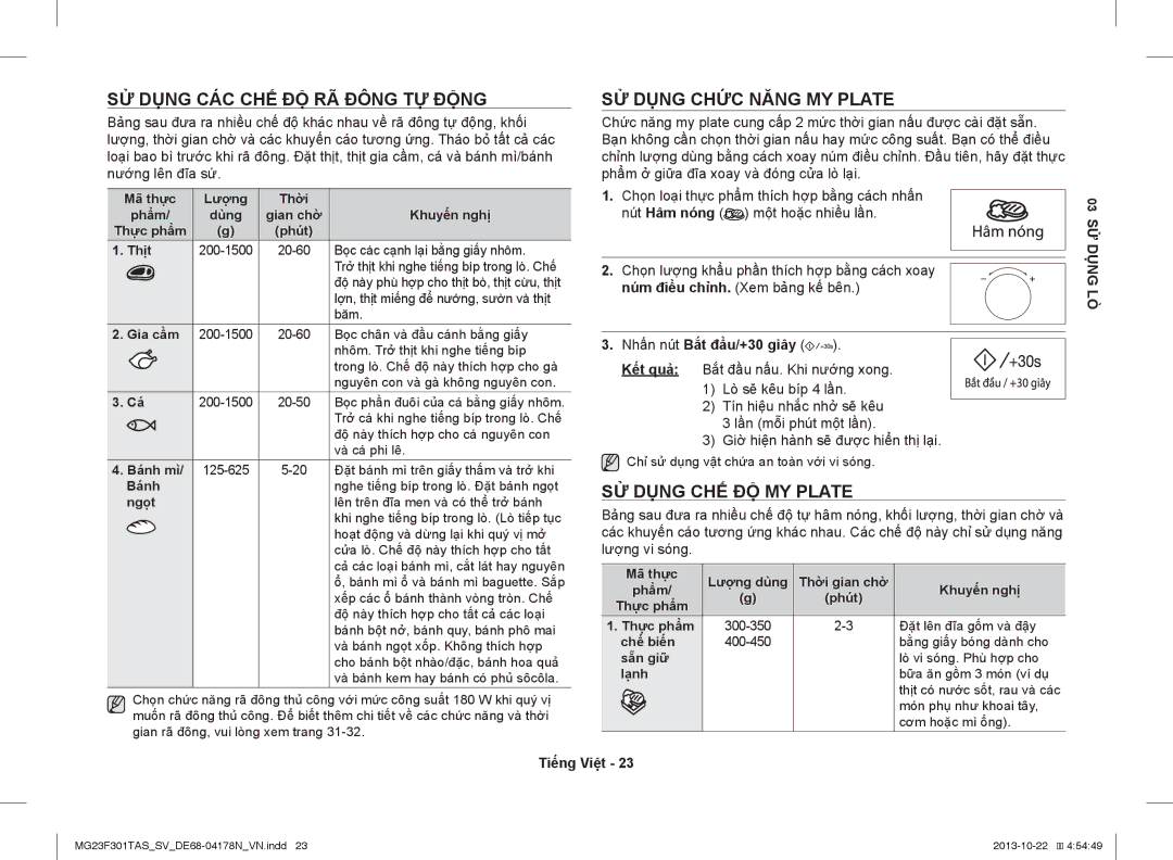 Samsung MG23F301TAS/SV manual SỬ Dụng CÁC CHẾ ĐỘ RÃ Đông TỰ Động, SỬ Dụng Chức Năng MY Plate, SỬ Dụng CHẾ ĐỘ MY Plate 