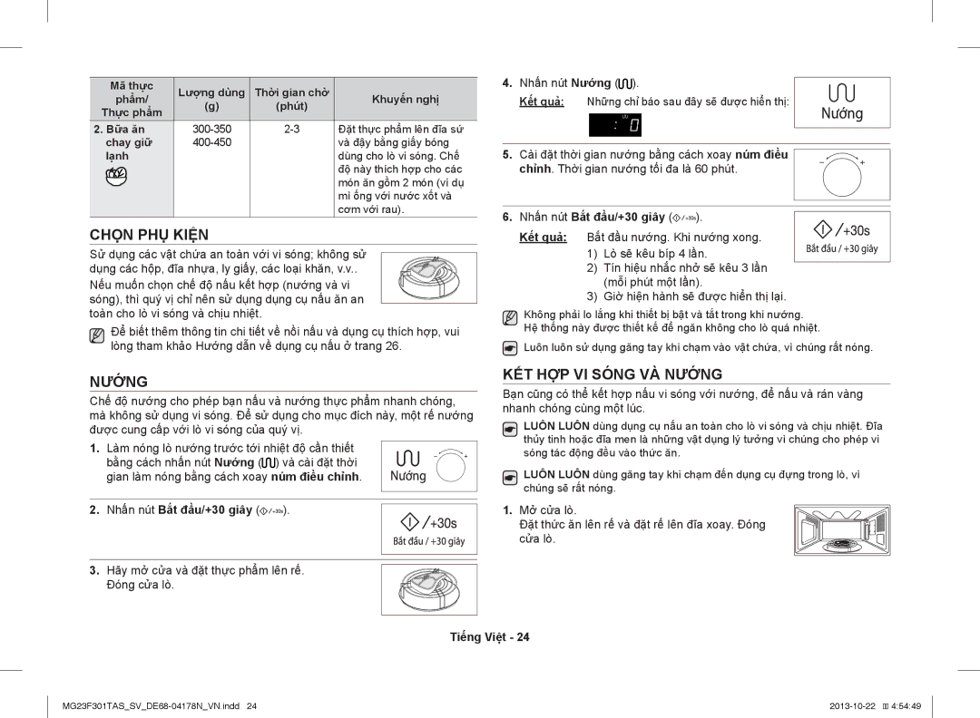 Samsung MG23F301TAS/SV manual Chọn PHỤ Kiện, KẾT HỢP VI Sóng VÀ Nướng 