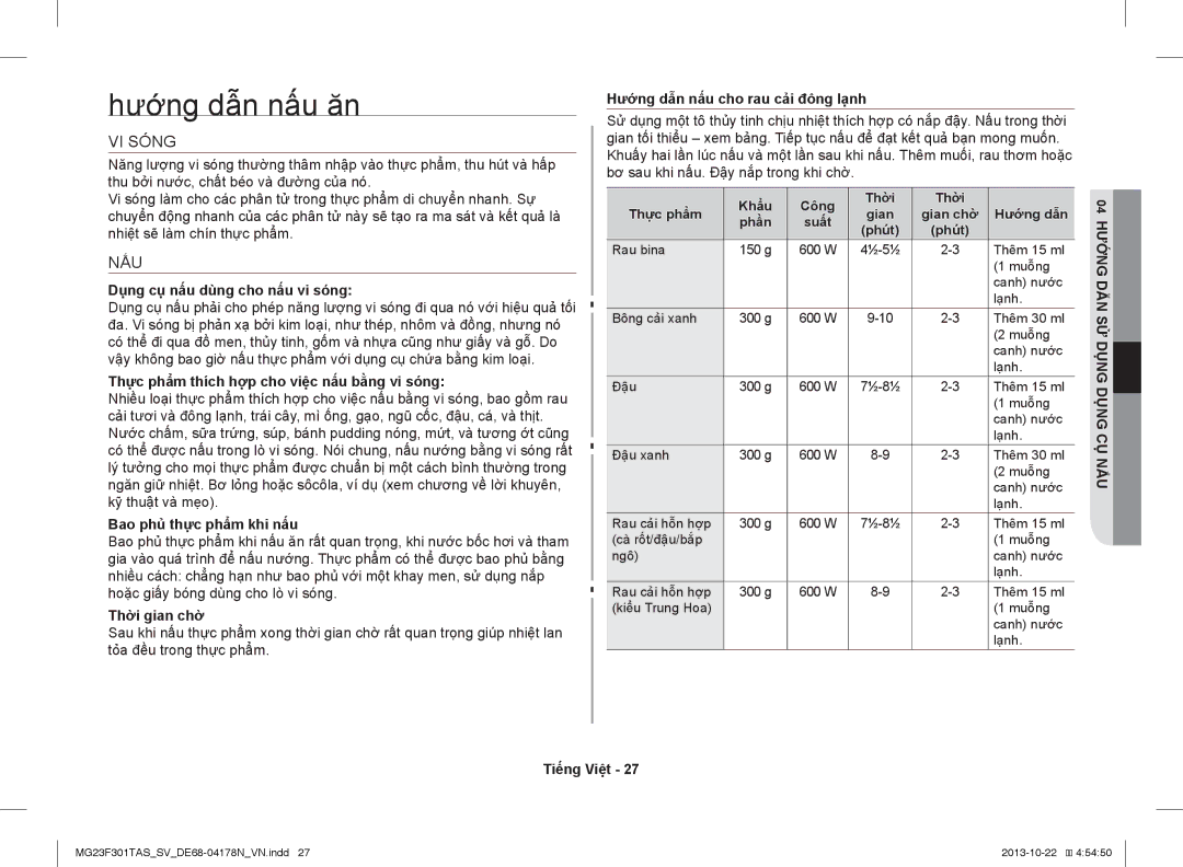 Samsung MG23F301TAS/SV manual Hướng dẫn nấu ăn, VI Sóng 