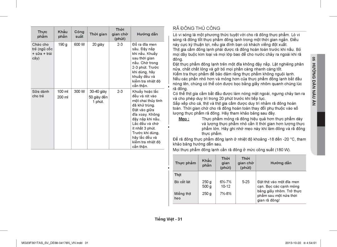 Samsung MG23F301TAS/SV manual RÃ Đông THỦ Công, Khẩu Thời Thực phẩm Gian, Phút Thịt 