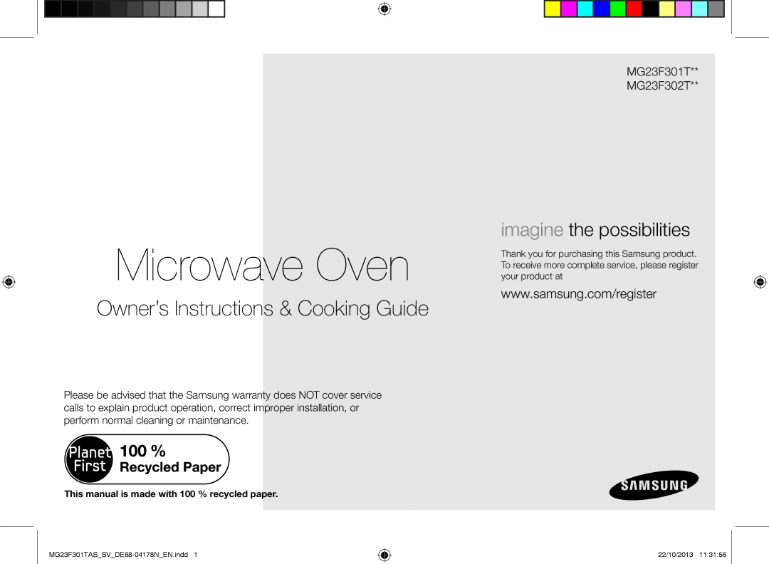 Samsung MG23F301TAS/SV Microwave Oven, This manual is made with 100 % recycled paper 