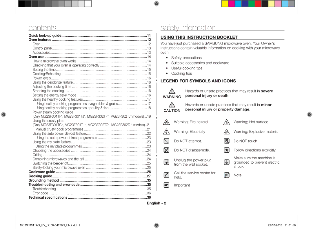 Samsung MG23F301TAS/SV manual Contents Safety information 