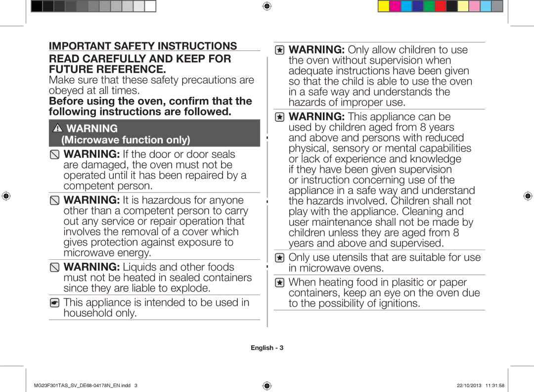 Samsung MG23F301TAS/SV manual Read Carefully and Keep for Future Reference 