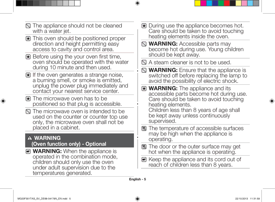 Samsung MG23F301TAS/SV manual Appliance should not be cleaned with a water jet 