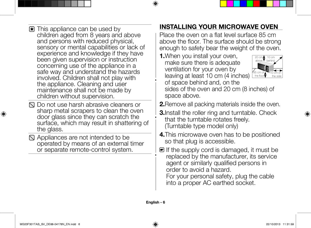 Samsung MG23F301TAS/SV manual Installing your microwave oven 