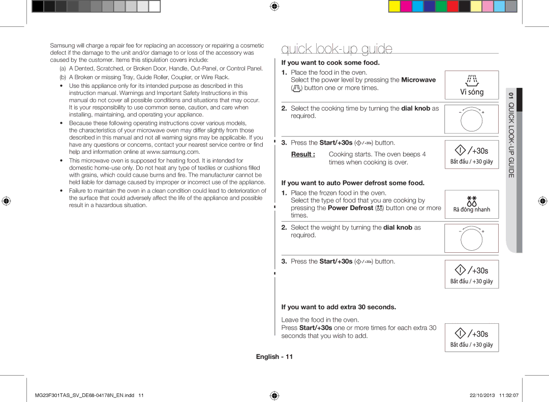 Samsung MG23F301TAS/SV Quick look-up guide, If you want to cook some food, If you want to auto Power defrost some food 