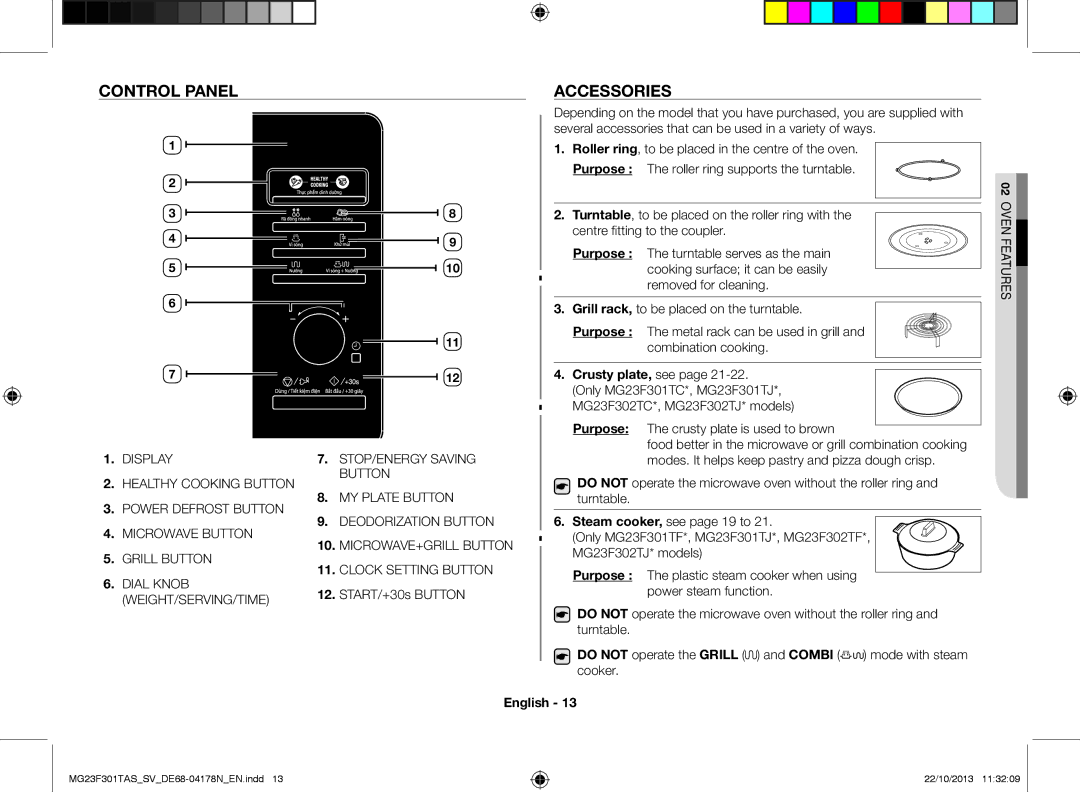 Samsung MG23F301TAS/SV manual Control panel, Accessories, Purpose 