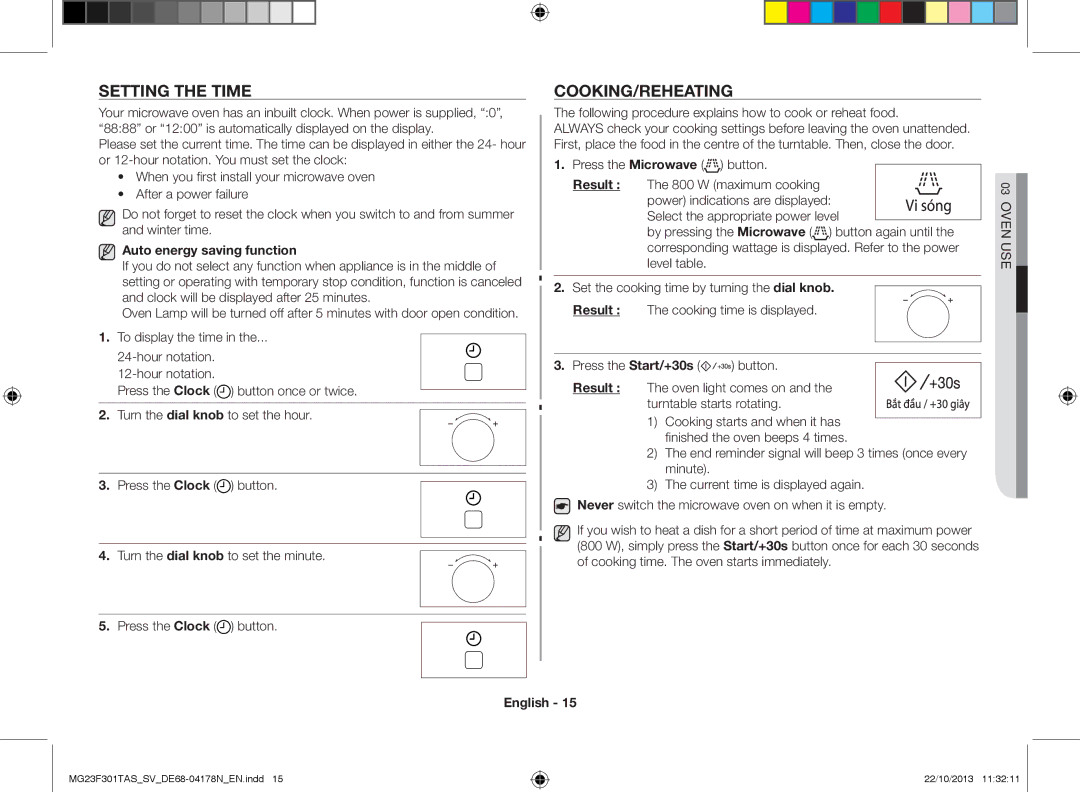 Samsung MG23F301TAS/SV manual Setting the time, Cooking/Reheating, Auto energy saving function, Result 