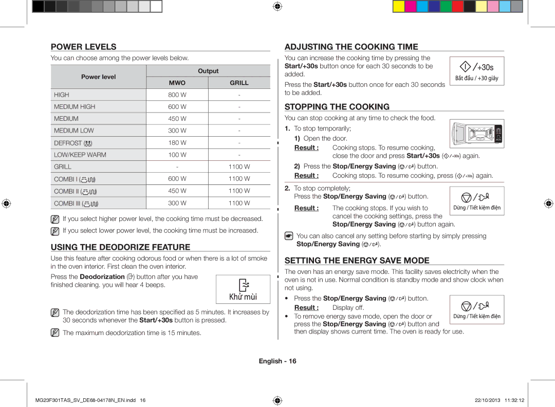 Samsung MG23F301TAS/SV manual Power levels, Using the deodorize feature, Adjusting the cooking time, Stopping the cooking 