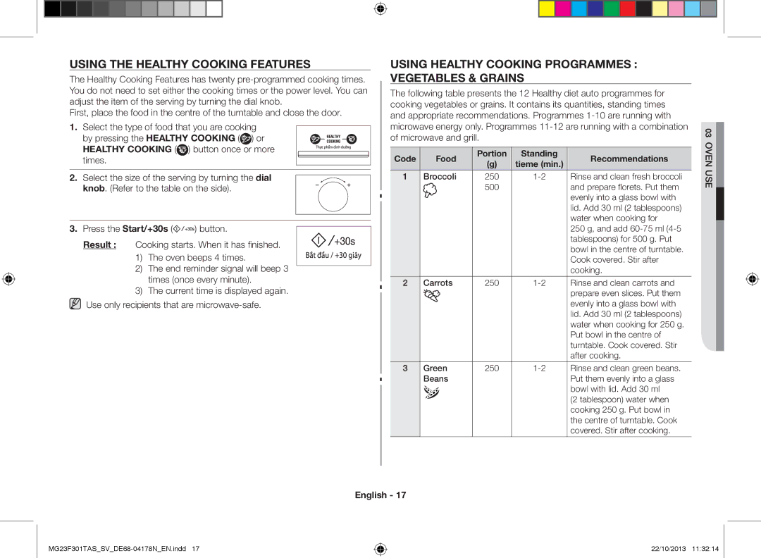 Samsung MG23F301TAS/SV manual Using the healthy cooking features, Using healthy cooking programmes vegetables & grains 