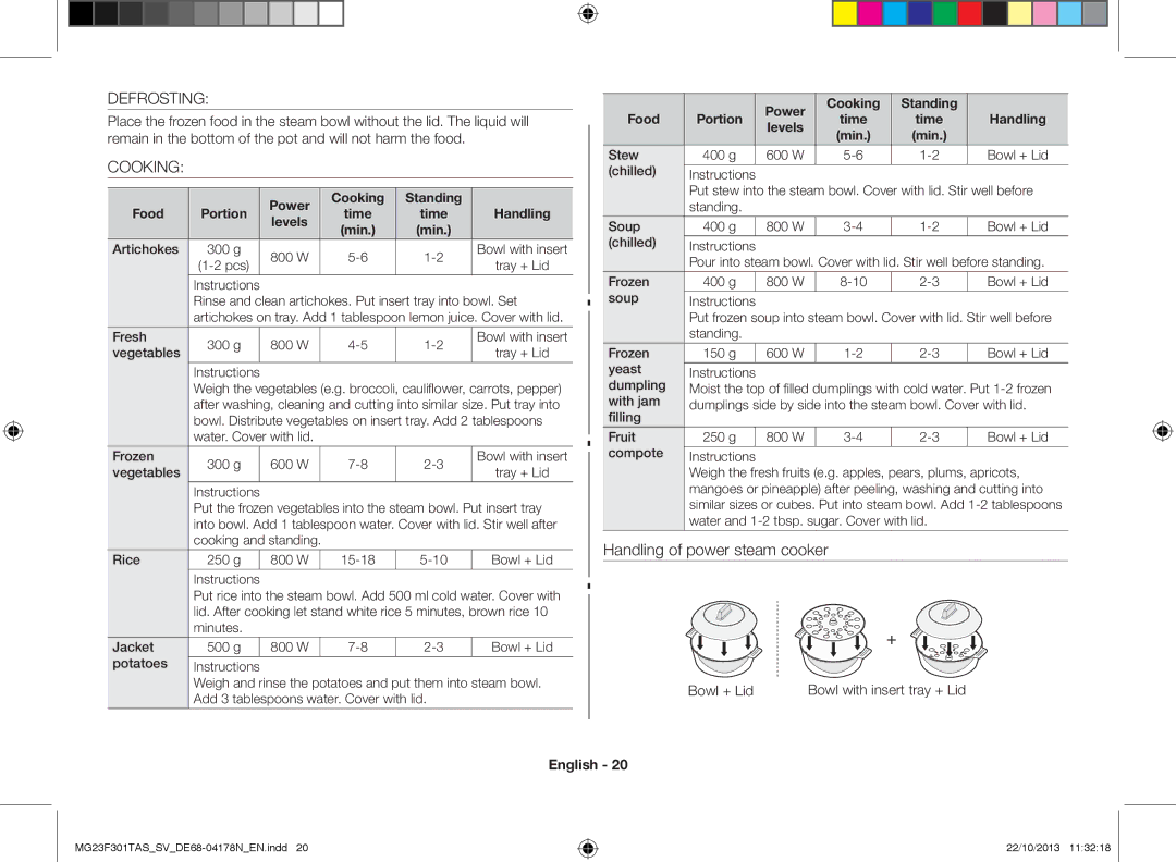 Samsung MG23F301TAS/SV manual Defrosting, Cooking, Bowl + Lid 