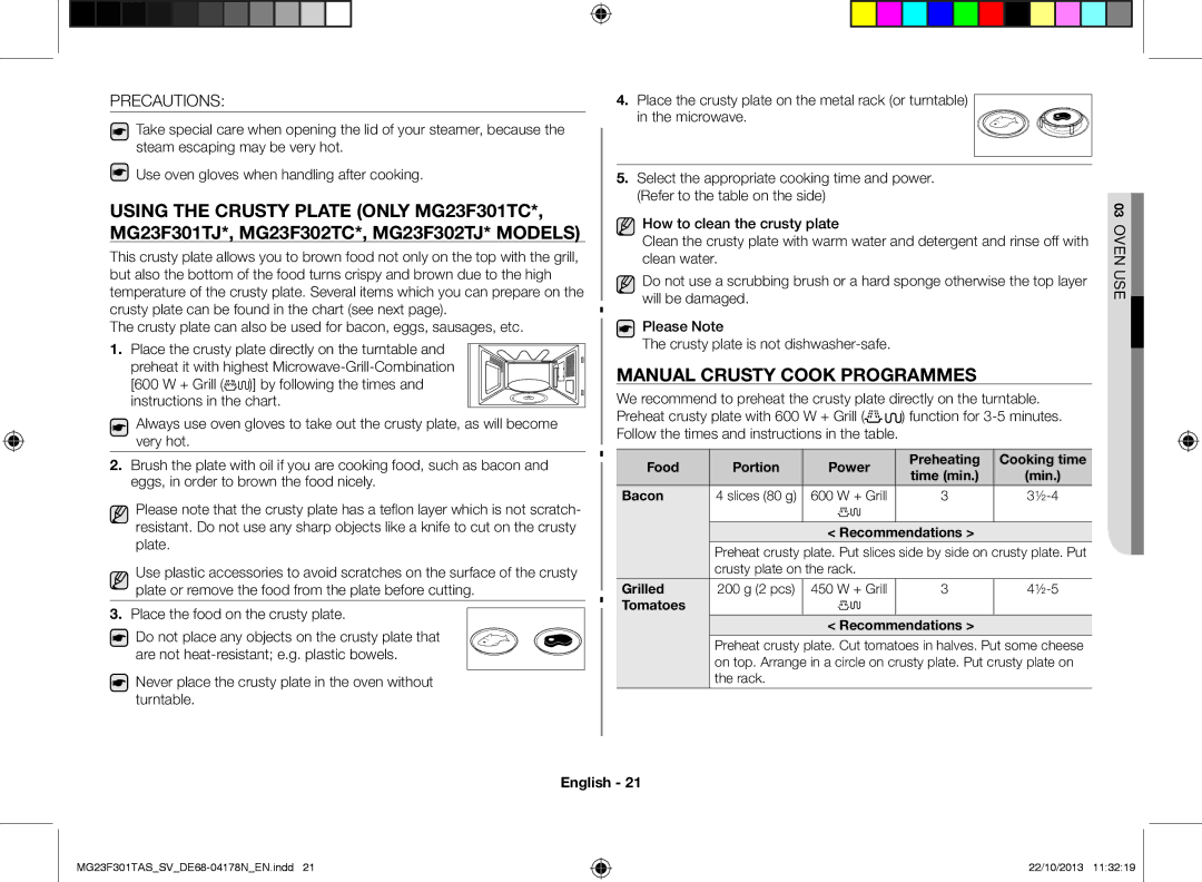 Samsung MG23F301TAS/SV manual Manual crusty cook programmes, Precautions 