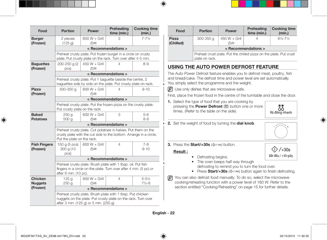 Samsung MG23F301TAS/SV manual Using the auto power defrost feature, Press Start/+30s 