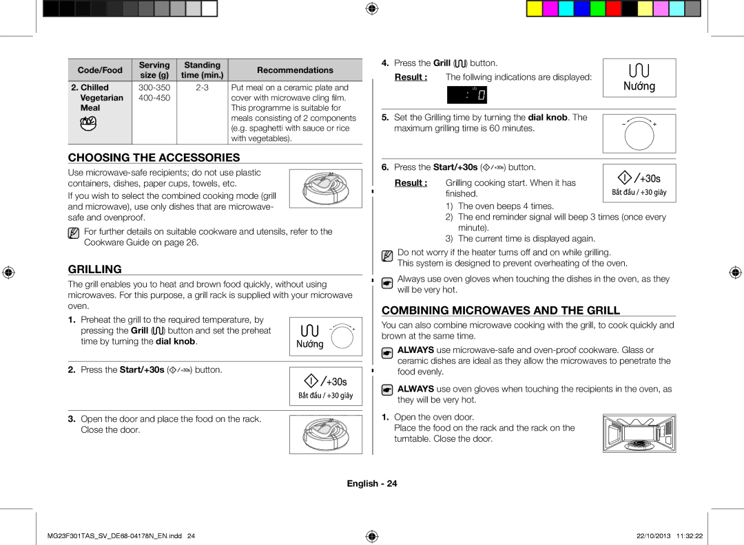 Samsung MG23F301TAS/SV manual Choosing the accessories, Grilling, Combining microwaves and the grill, With vegetables 