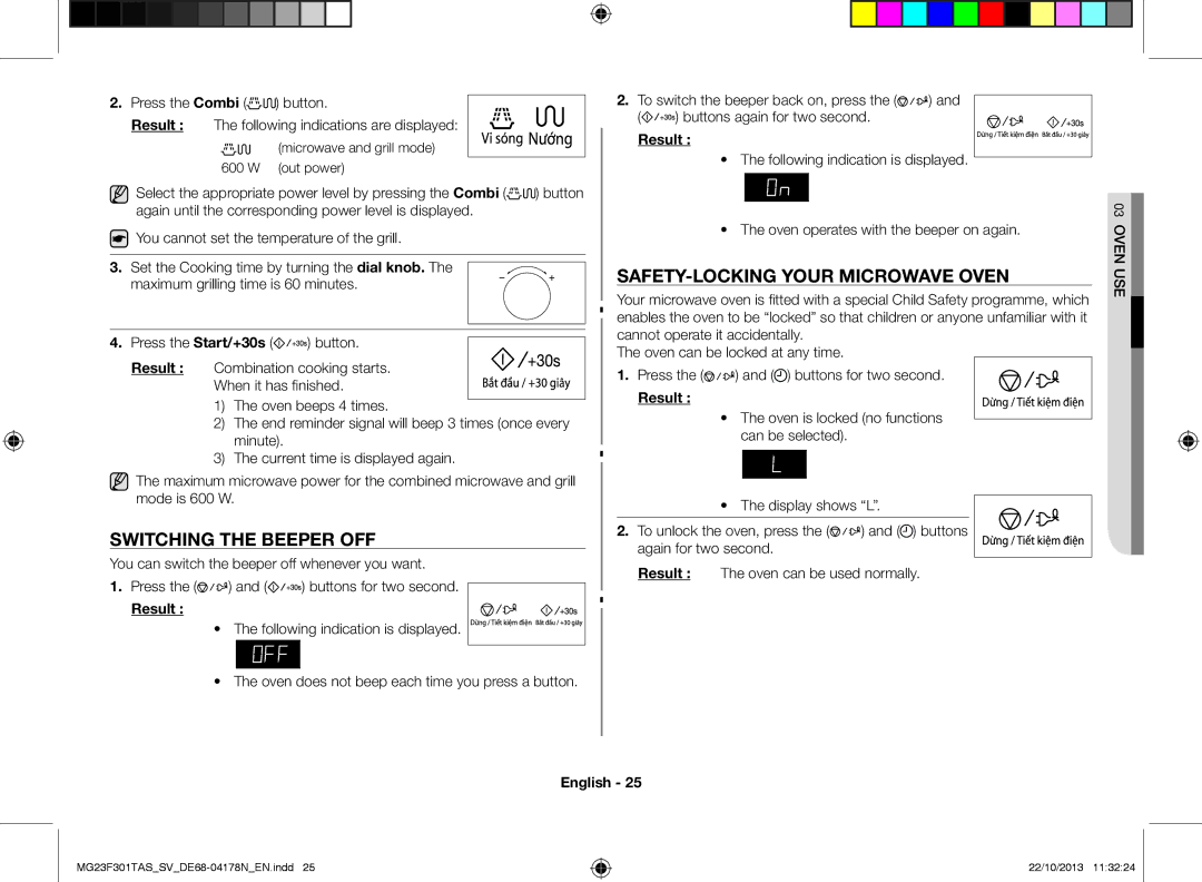 Samsung MG23F301TAS/SV manual Switching the beeper off, Safety-locking your microwave oven 