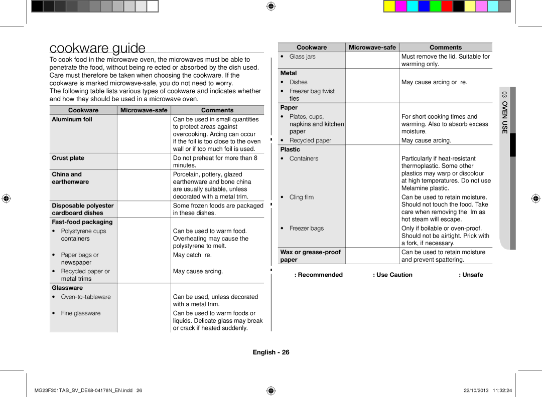 Samsung MG23F301TAS/SV manual Cookware guide 