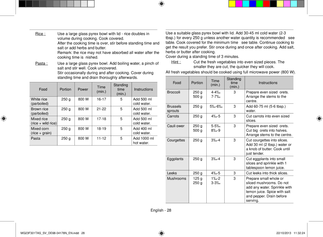 Samsung MG23F301TAS/SV Time Standing Food Portion Power Instructions Min, Food Portion Time Standing Instructions Min 