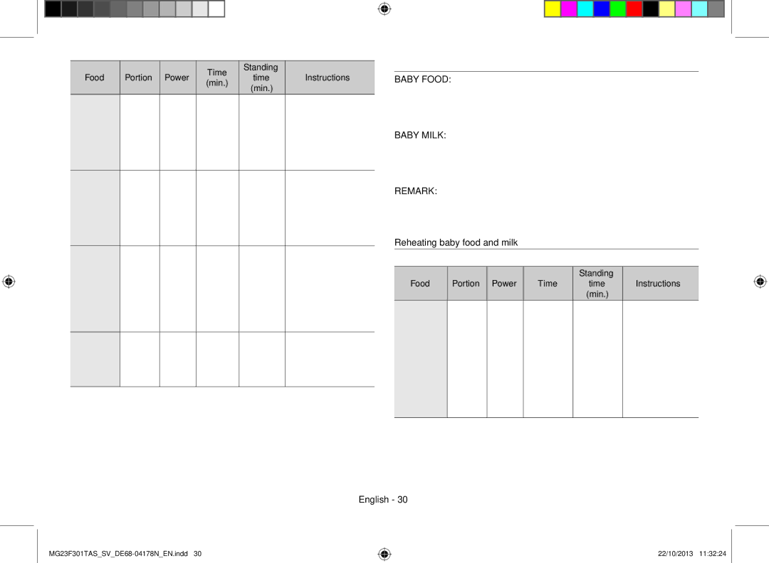 Samsung MG23F301TAS/SV manual Reheating Baby Food, Standing Food, Power Time Instructions 