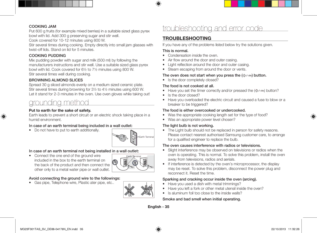 Samsung MG23F301TAS/SV manual Grounding method, Troubleshooting and error code, Stir several times well during cooking 