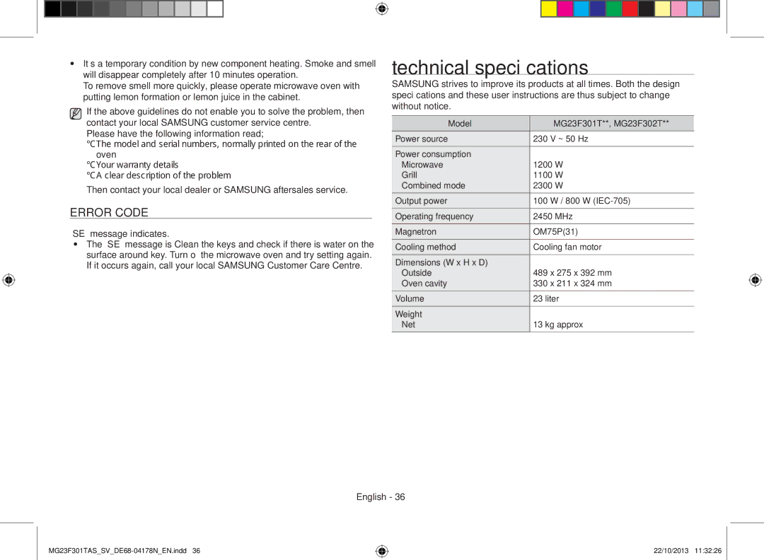 Samsung MG23F301TAS/SV manual Technical specifications, Error code, SE message indicates, Model MG23F301T**, MG23F302T 