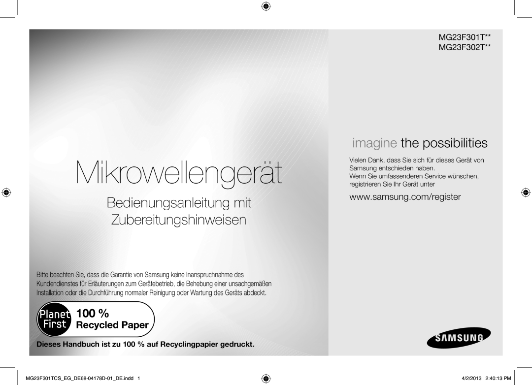 Samsung MG23F301TCR/EG manual imagine the possibilities, Mikrowellengerät, Bedienungsanleitung mit Zubereitungshinweisen 