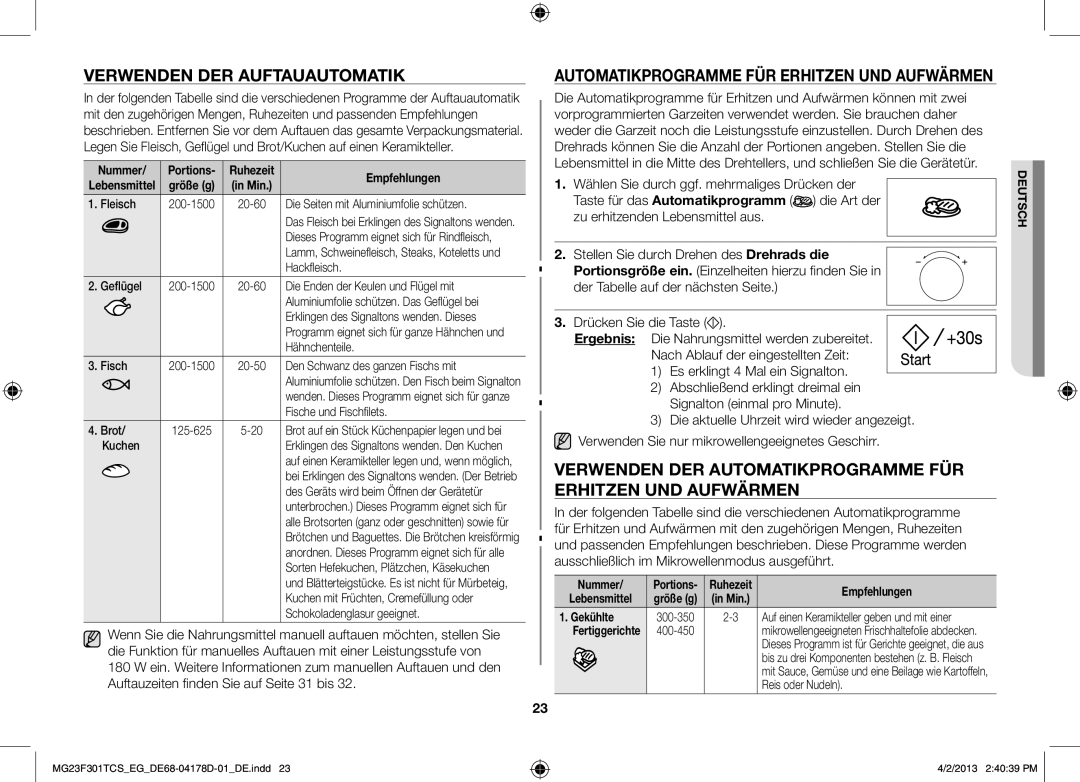 Samsung MG23F301TCR/EG manual Verwenden der Auftauautomatik, Automatikprogramme für Erhitzen und Aufwärmen, Fleisch 