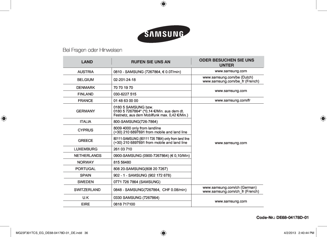 Samsung MG23F301TAW/EG, MG23F301TCR/EG manual Bei Fragen oder Hinweisen, Code-Nr. DE68-04178D-01 
