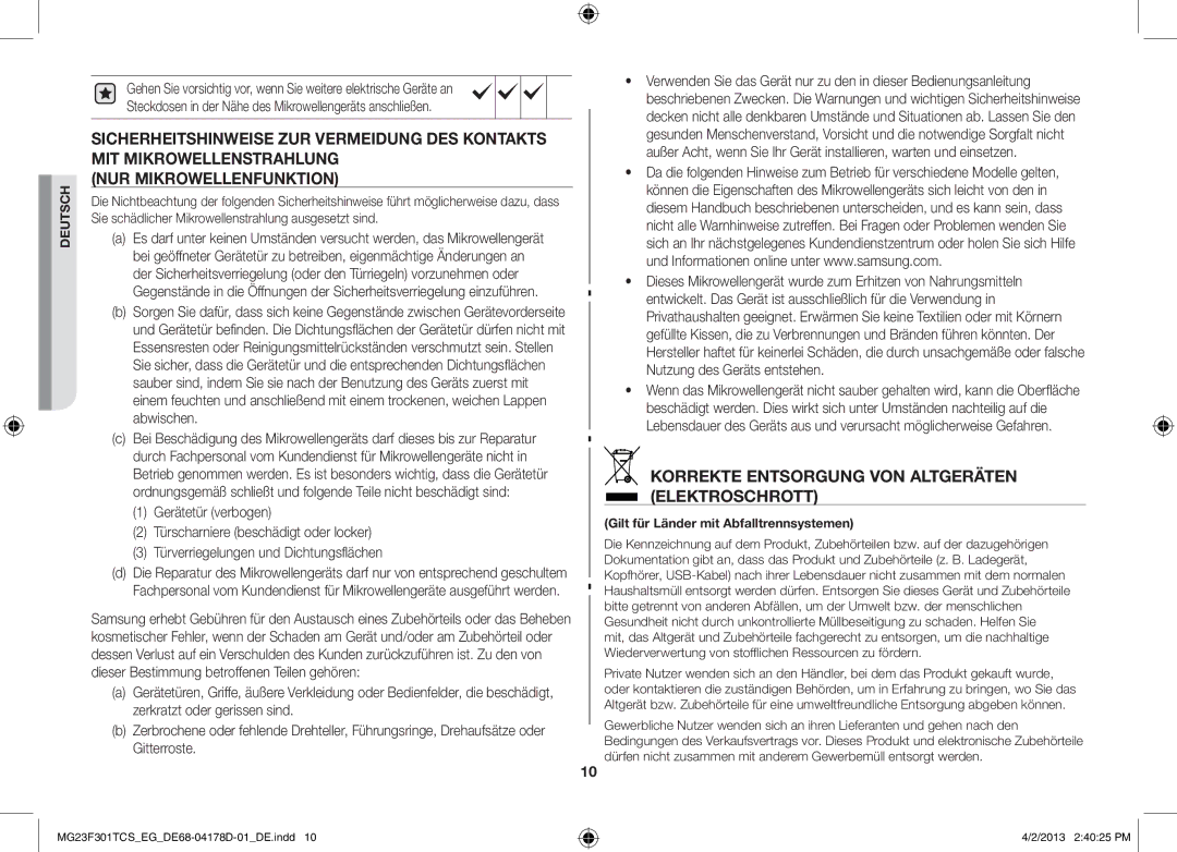 Samsung MG23F301TCK/EG, MG23F301TAS/EG manual Korrekte Entsorgung von Altgeräten Elektroschrott, Gitterroste 