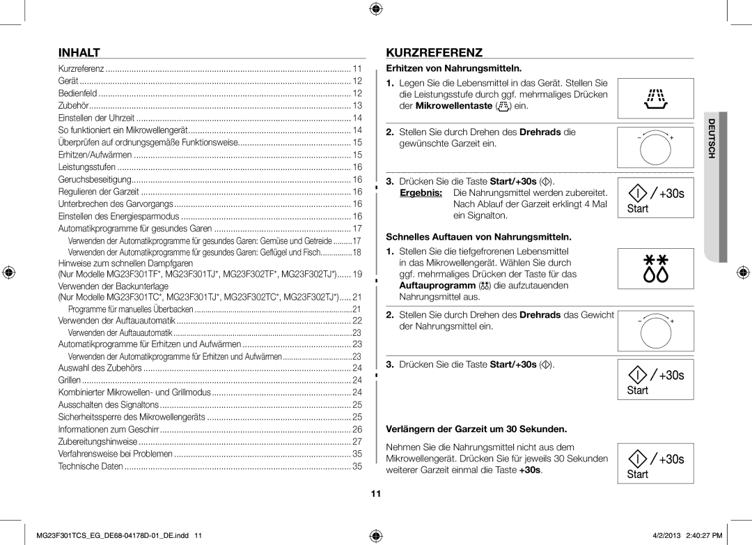 Samsung MG23F301TAS/EG manual Inhalt, Kurzreferenz, Erhitzen von Nahrungsmitteln, Schnelles Auftauen von Nahrungsmitteln 