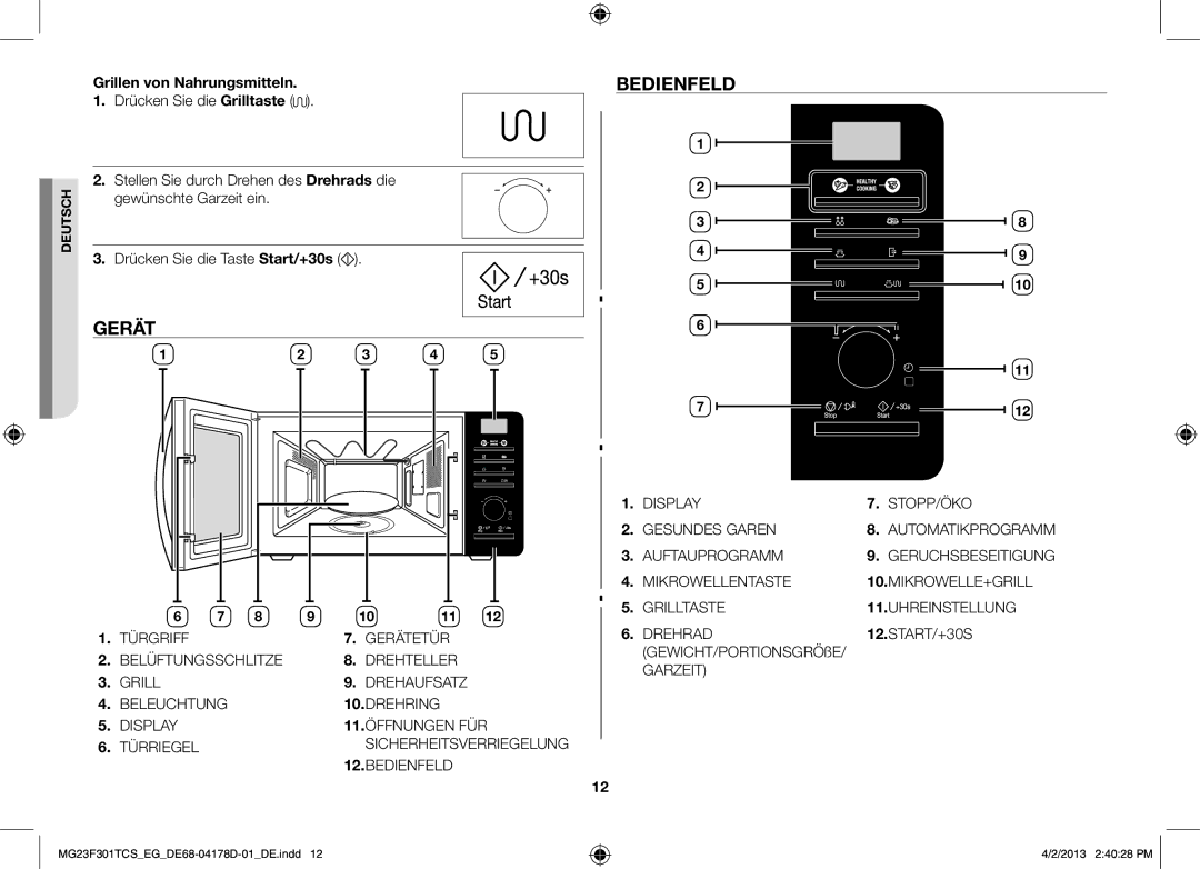 Samsung MG23F301TCK/EG, MG23F301TAS/EG Gerät Bedienfeld, Grillen von Nahrungsmitteln, GEWICHT/PORTIONSGRÖßE, START/+30S 